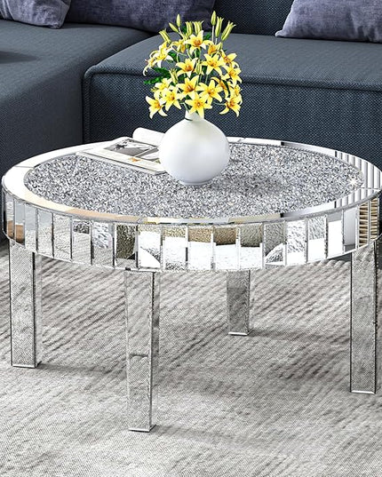Mirrored Coffee Table with Crystal Inlay, 31.5'' Modern Round Coffee Table with Mirror Surface, Silver Accent Table for Living Rooms Bedrooms Entryways Decor - LeafyLoom