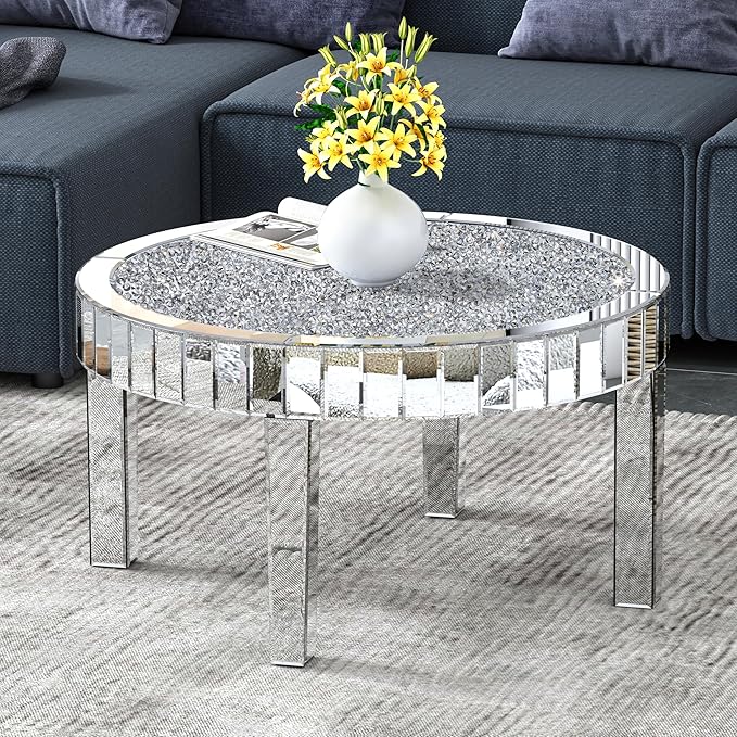 Mirrored Coffee Table with Crystal Inlay, 31.5'' Modern Round Coffee Table with Mirror Surface, Silver Accent Table for Living Rooms Bedrooms Entryways Decor - LeafyLoom
