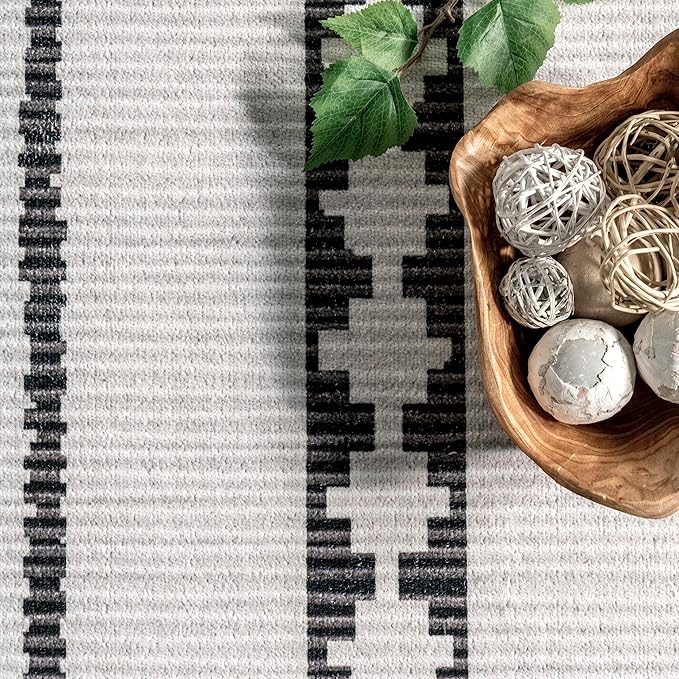 nuLOOM Elsy Modern Tribal Machine Washable Ultra Thin Area Rug, 8' x 10', Ivory - LeafyLoom