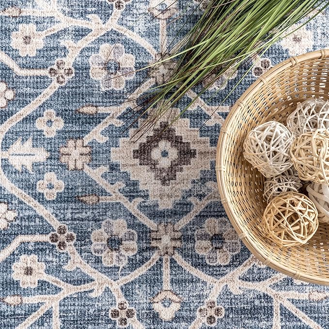 nuLOOM Shae Faded Persian Bordered Machine Washable Ultra Thin Area Rug, 4' x 6', Blue - LeafyLoom