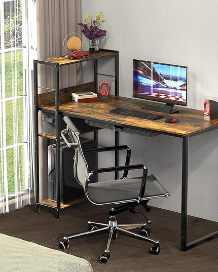 SHW 46-Inch Mission Desk with Side Shelf, 24" Deep, Rustic Brown - LeafyLoom
