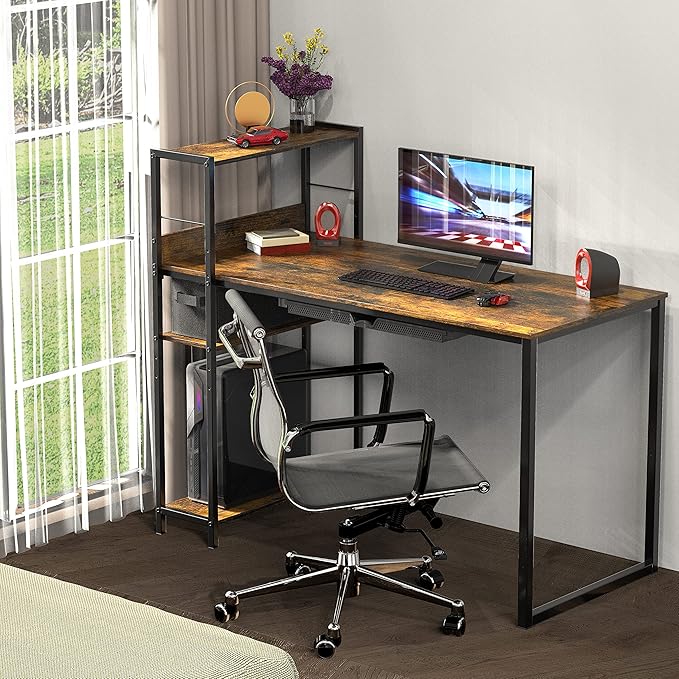 SHW 46-Inch Mission Desk with Side Shelf, 24" Deep, Rustic Brown - LeafyLoom