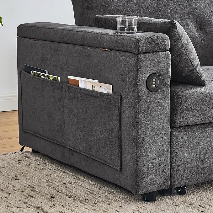 4 in 1 Multifunctional Convertible Loveseat Sleeper Sofa Bed,Soft Chenille Tufted Love Seats Sofabed W/Pull Out Sleep Couch,Armrests Storage,Cupholders,USB Ports,Pillows and Side Pockets - LeafyLoom