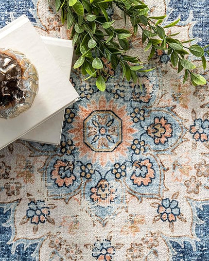 nuLOOM Ren Vintage Floral Machine Washable Ultra Thin Area Rug, 8x10, Blue - LeafyLoom