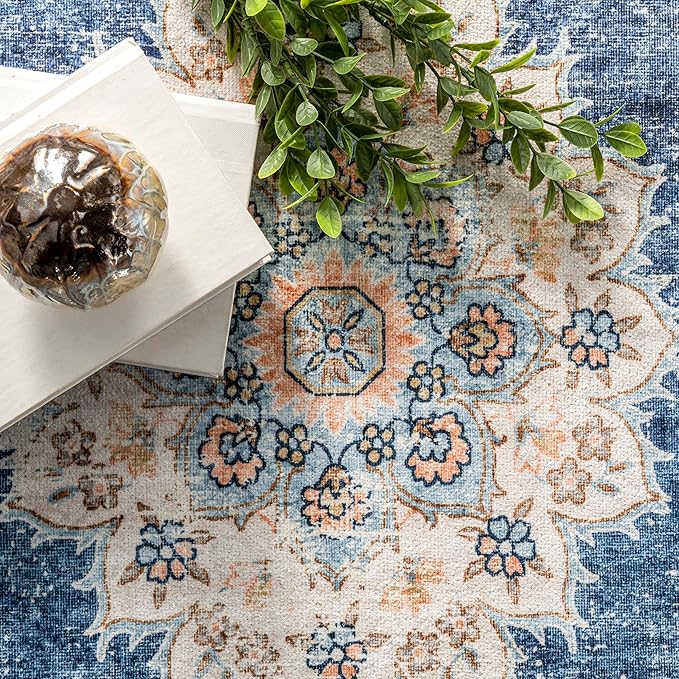 nuLOOM Ren Vintage Floral Machine Washable Ultra Thin Area Rug, 8x10, Blue - LeafyLoom
