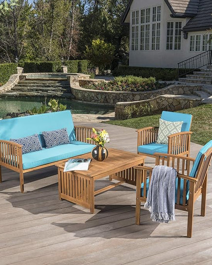 Christopher Knight Home Carolina Outdoor Acacia Wood Sofa Set with Water Resistant Cushions, 4-Pcs Set, Brown Patina / Teal - LeafyLoom