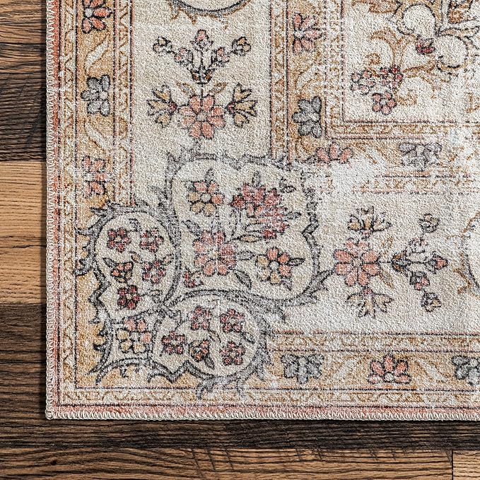 nuLOOM Ren Vintage Floral Machine Washable Ultra Thin Area Rug, 6x9, Peach - LeafyLoom