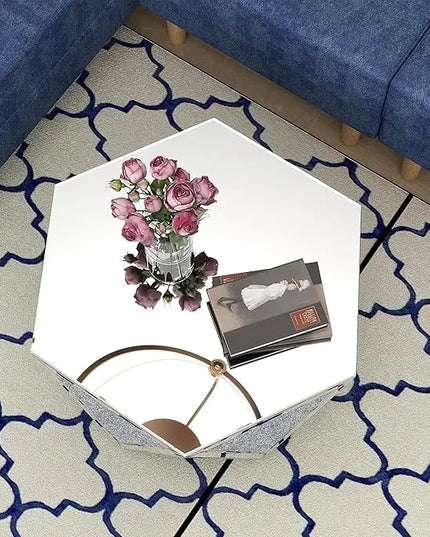 Drum Coffee Table Mirrored with Crystal Inlay, Hexagon Silver Accent Table, Modern Design Luxury Contemporary Furniture, 31.5‘’ Low Coffee Table for Living Room Fully Assembled - LeafyLoom
