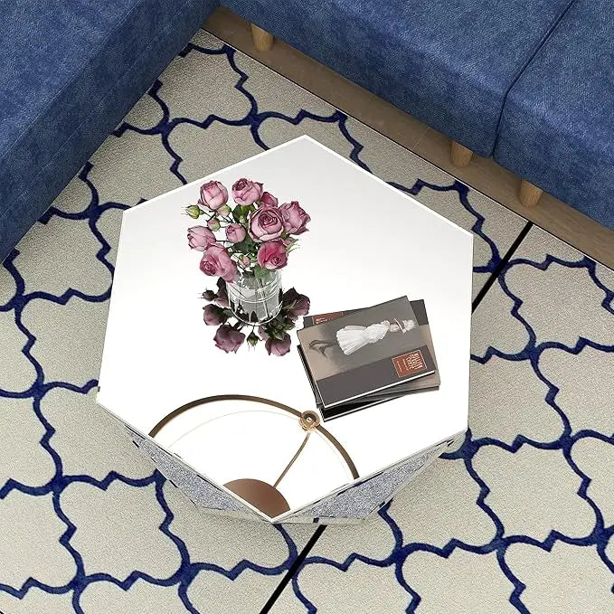 Drum Coffee Table Mirrored with Crystal Inlay, Hexagon Silver Accent Table, Modern Design Luxury Contemporary Furniture, 31.5‘’ Low Coffee Table for Living Room Fully Assembled - LeafyLoom