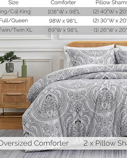 Southshore Fine Living, Inc. Oversized Twin Comforter Bedding Set, Down Alternative Boho Bedspread, Paisley Print Comforter, Twin or Twin XL Comforter with Matching Sham, Pure Melody Black - LeafyLoom