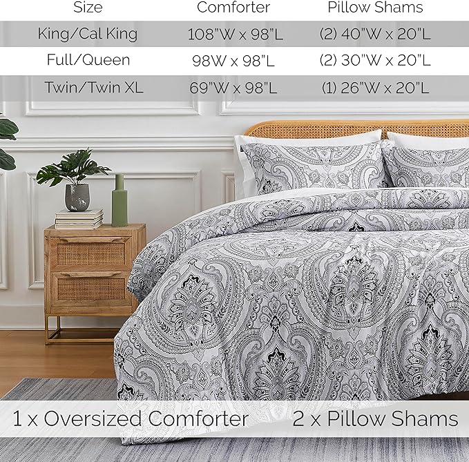Southshore Fine Living, Inc. Oversized Twin Comforter Bedding Set, Down Alternative Boho Bedspread, Paisley Print Comforter, Twin or Twin XL Comforter with Matching Sham, Pure Melody Black - LeafyLoom