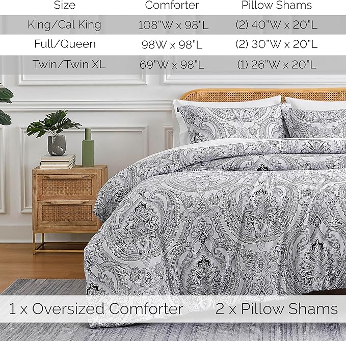 Southshore Fine Living, Inc. Oversized Full/Queen Comforter Bedding Set, Down Alternative Boho Bedspread, Paisley Print Comforter, Full Size/Queen with 2 Matching Shams, Pure Melody Black - LeafyLoom