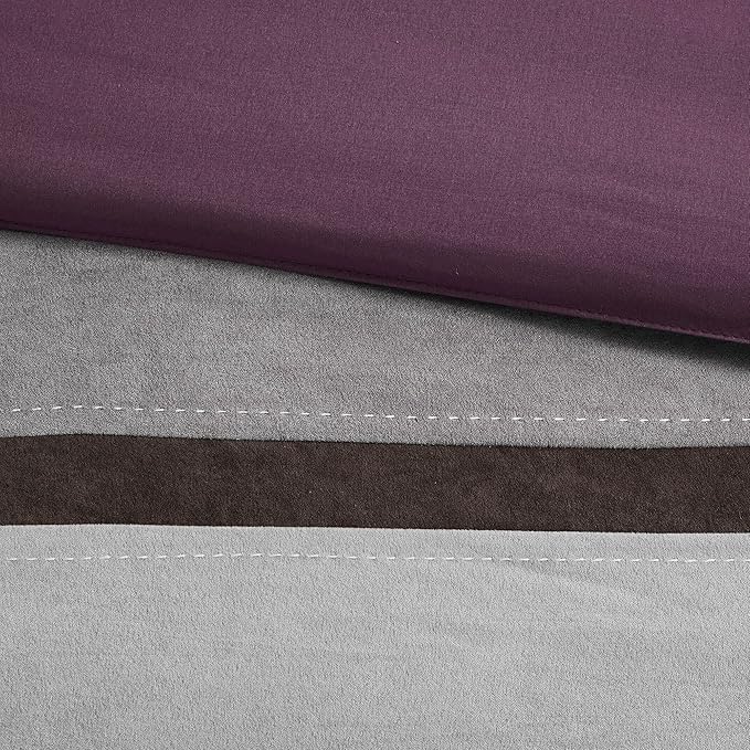 Madison Park Palisades Comforter Set Modern Faux Suede Pieced Stripe Design, All Season Down Alternative Cozy Bedding with Matching Shams, Decorative Pillows, King(104"x92"), Purple 7 Piece - LeafyLoom