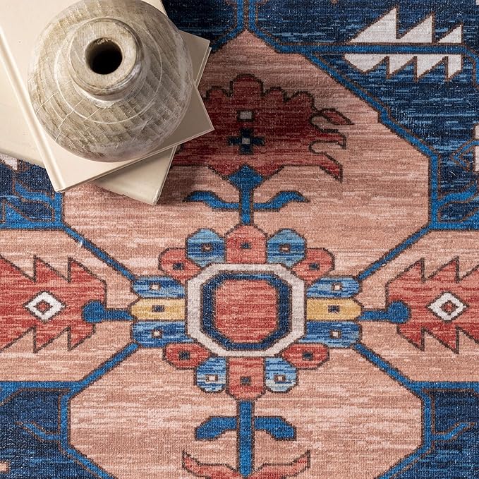 nuLOOM Carolyn Machine Washable Tribal Motif Ultra Thin Area Rug, 4' x 6', Rust - LeafyLoom
