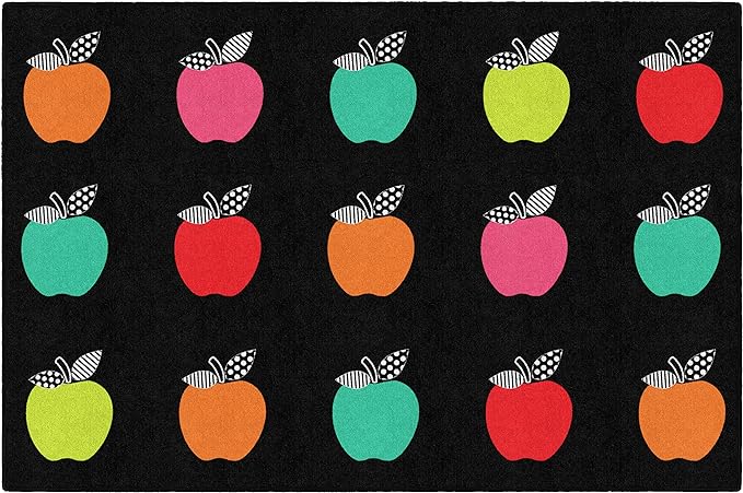 Flagship Carpets Schoolgirl Style Stylish Black & White Brights Apple Sit Spot Classroom Area Rug for Indoor Classroom Learning or Kid Bedroom Educational Play Mat, 5'x7'6", Multi - LeafyLoom