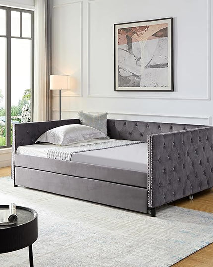 Velvet Upholstered Full Size Daybed with Twin Trundle, Solid Wooden Sofa Bed Frame w/Button Tufted Backrest, No Box Spring Needed, for Bedroom, Living, Guest Room - LeafyLoom