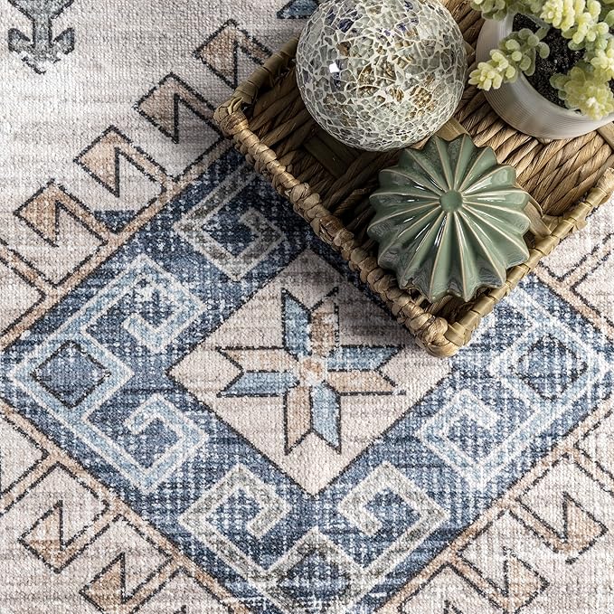 nuLOOM Elowyn Machine Washable Medallion Ultra Thin Area Rug, 4' x 6', Blue - LeafyLoom