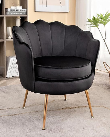 Velvet Barrel Accent Chair with Scalloped Silhouette and Gold Metal Legs, Decorative Piece Suitable for Traditional, Modern, and Contemporary Spaces, Black - LeafyLoom