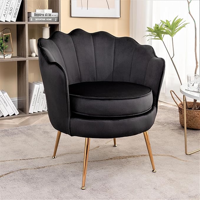 Velvet Barrel Accent Chair with Scalloped Silhouette and Gold Metal Legs, Decorative Piece Suitable for Traditional, Modern, and Contemporary Spaces, Black - LeafyLoom