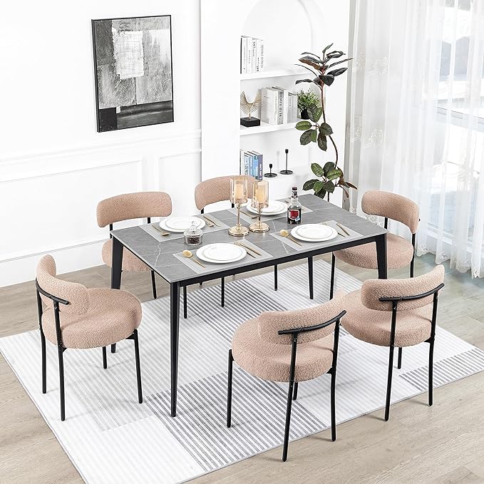 DYHOME Kitchen Chairs Mid-Century Modern Dining Chairs Set of 6, Kitchen Dining Room Chairs, Boucle Upholstered Wishbone Dining Chair, Camel Color - LeafyLoom