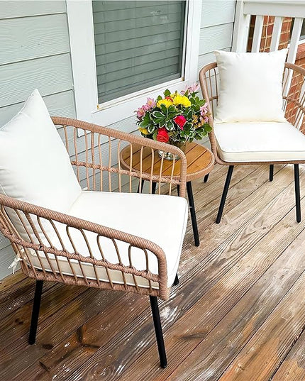 YITAHOME 3 Pieces Outdoor Wicker Patio Conversation Bistro Set, All-Weather Rattan Patio Furniture Set with Table & Cushions, Outdoor Sectional Sofa for Patio, Balcony, Backyard, Deck - LeafyLoom