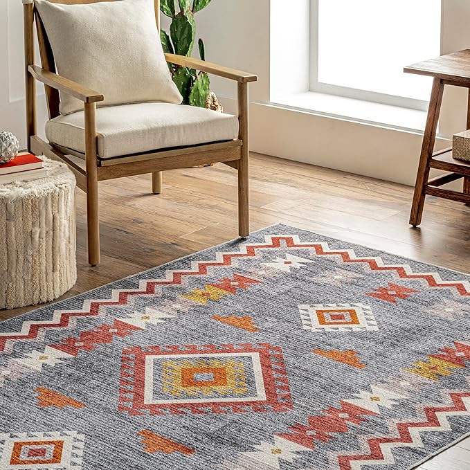 nuLOOM Jayde Machine Washable Southwestern Diamond Ultra Thin Area Rug, 4' x 6', Grey - LeafyLoom