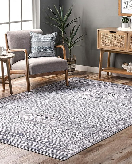 nuLOOM Jenine Southwestern Machine Washable Ultra Thin Area Rug, 8x10, Grey - LeafyLoom