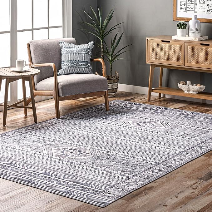 nuLOOM Jenine Southwestern Machine Washable Ultra Thin Area Rug, 8x10, Grey - LeafyLoom