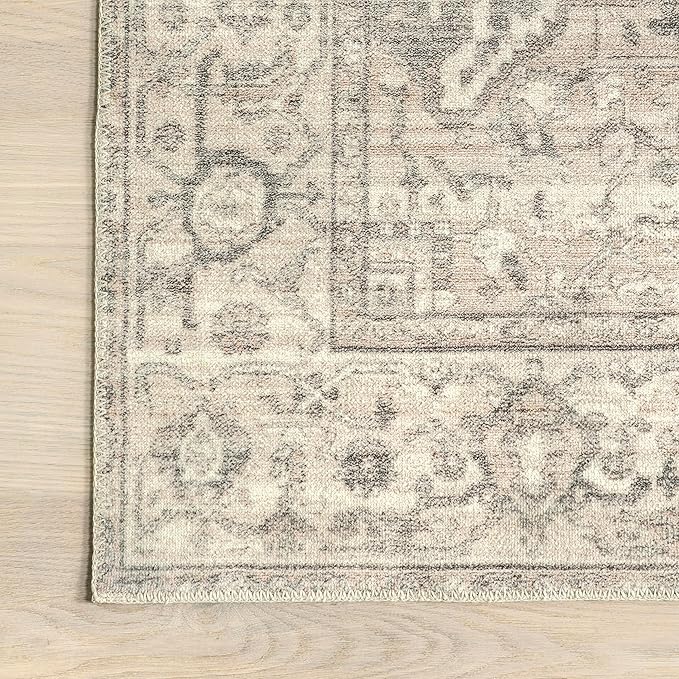 nuLOOM 5x8 Machine Washable Rain Haven Vintage Medallion Area Rug, Grey, Traditional Faded Design, Non-Slip Backing, Stain Resistant, For Bedroom, Dining Room, Living Room, Kitchen - LeafyLoom