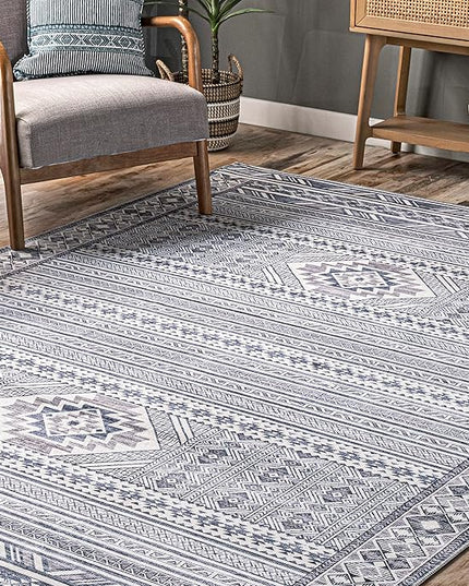 nuLOOM Jenine Southwestern Machine Washable Ultra Thin Area Rug, 8x10, Grey - LeafyLoom