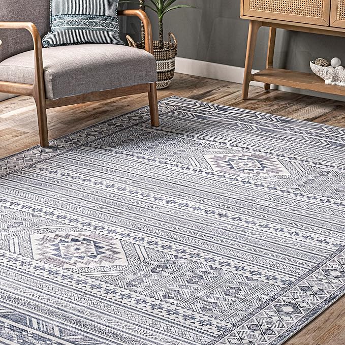 nuLOOM Jenine Southwestern Machine Washable Ultra Thin Area Rug, 8x10, Grey - LeafyLoom