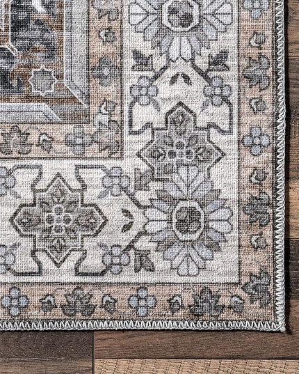 nuLOOM Devin Machine Washable Vintage Medallion Ultra Thin Area Rug, 4' x 6', Charcoal - LeafyLoom
