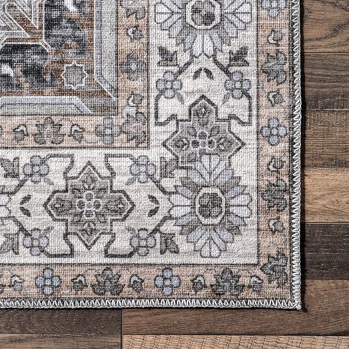 nuLOOM Devin Machine Washable Vintage Medallion Ultra Thin Area Rug, 4' x 6', Charcoal - LeafyLoom