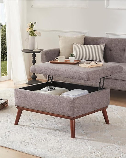 Tbfit Large Ottoman with Storage, 31.5-inch Mid Century Modern Rectangle Coffee Table with Lid Lifting Function and High Wooden Legs, Oversized Storage Ottomans for Living Room, Office Room - LeafyLoom