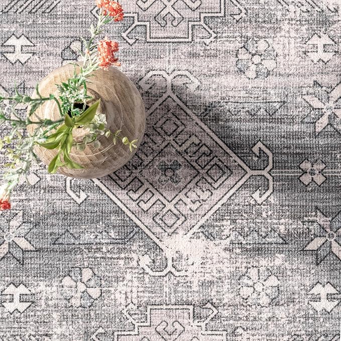 nuLOOM Medallion Bordered Machine Washable Ultra Thin Accent Rug, 3' x 5', Beige - LeafyLoom