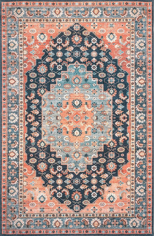 nuLOOM Francis Persian Medallion Machine Washable Ultra Thin Area Rug, 3' x 5', Blue - LeafyLoom