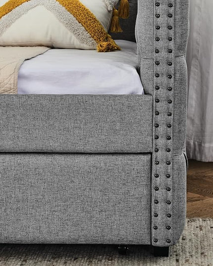 Full Size Upholstered Daybed, Pull Out with Two Storage Drawers, Solid Wood Frame Bed, Tufted Buttons and Copper Nails On Square Arms, for Bedrooms,Apartments - LeafyLoom
