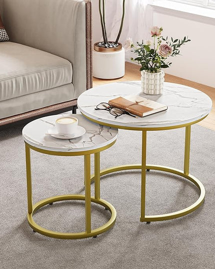 White Nesting Coffee Table Set of 2, 23.6“ Round Coffee Table Wooden Marble Pattern with Adjustable Non-Slip Feet, Industrial End Table for Living Room Bedroom Balcony Gold - LeafyLoom