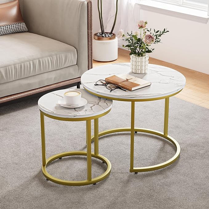 White Nesting Coffee Table Set of 2, 23.6“ Round Coffee Table Wooden Marble Pattern with Adjustable Non-Slip Feet, Industrial End Table for Living Room Bedroom Balcony Gold - LeafyLoom
