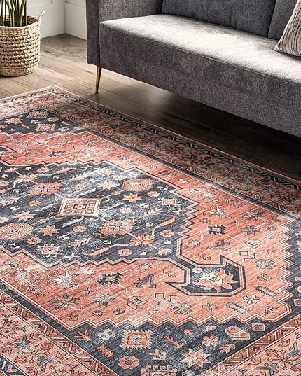 nuLOOM Medallion Bordered Machine Washable Ultra Thin Area Rug, 9' x 12', Rust - LeafyLoom