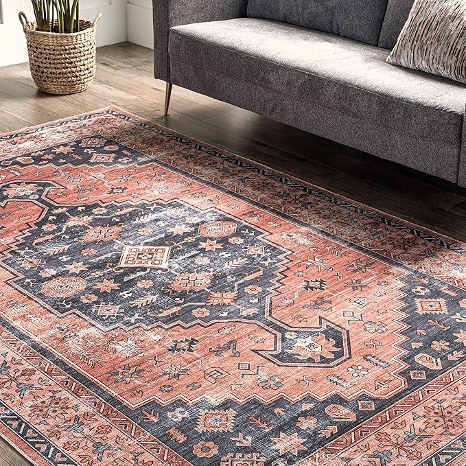 nuLOOM Medallion Bordered Machine Washable Ultra Thin Area Rug, 9' x 12', Rust - LeafyLoom