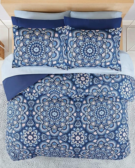 Comfort Spaces Girls Bed in A Bag Floral Comforter Set College Dorm Room Essentials, Complete Dormitory Bedroom Pack And Sheet with 2 Side Pocket Includes Extra Pillowcase Sets, Queen, Medallion Blue - LeafyLoom
