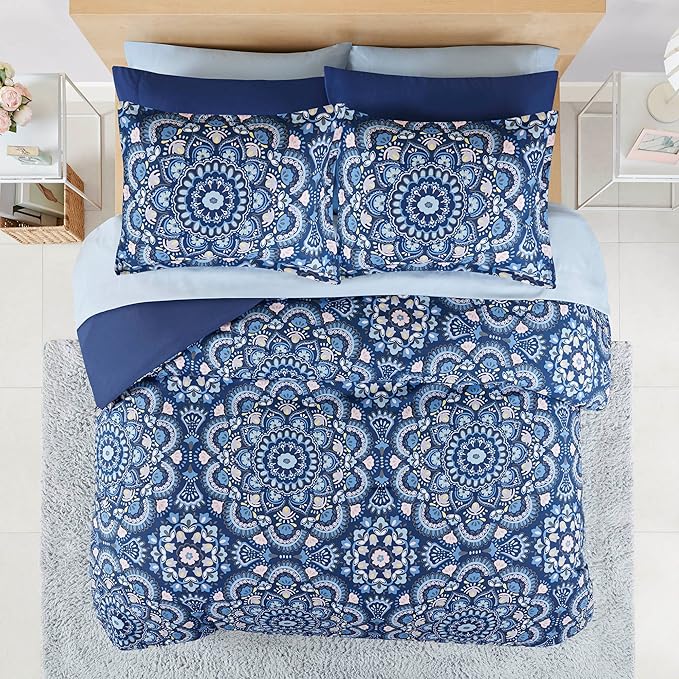Comfort Spaces Girls Bed in A Bag Floral Comforter Set College Dorm Room Essentials, Complete Dormitory Bedroom Pack And Sheet with 2 Side Pocket Includes Extra Pillowcase Sets, Queen, Medallion Blue - LeafyLoom