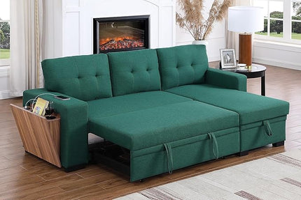 92 Inch L-Shape Sofa Sectional Convertible Storage Chaise Corner Couch Pull Out Sleeper Bed with USB Port and Cup Holder for Apartment, Dorm, Living Room, 92inch, Green-1 - LeafyLoom