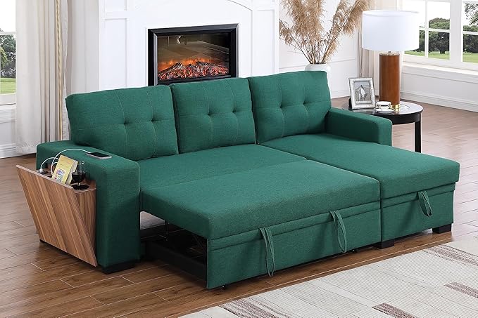 92 Inch L-Shape Sofa Sectional Convertible Storage Chaise Corner Couch Pull Out Sleeper Bed with USB Port and Cup Holder for Apartment, Dorm, Living Room, 92inch, Green-1 - LeafyLoom
