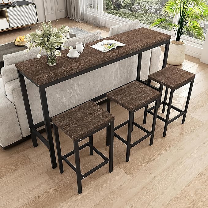 NicBex Kitchen Table Set Dining Room Table Set Modern Design Kitchen Dining Table, Pub Table, Long Dining Table Set with 3 Stools for Kitchen, Apartment, Easy Assembly, Dark Brown - LeafyLoom