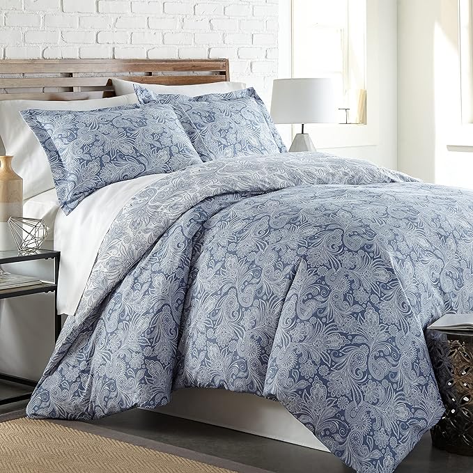 Southshore Fine Living, Inc. Oversized Twin Comforter Bedding Set, Down Alternative Paisley Bedspread, Reversible Print is 2 Colors in 1, Twin/Twin XL Comforter & Matching Sham, Blue/White - LeafyLoom
