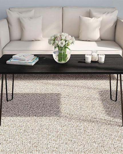 Lavish Home Coffee Table with Hairpin Legs - Modern Industrial Style Home Decor - Woodgrain-Look and Steel Accent Living Room Furniture (Black) - LeafyLoom