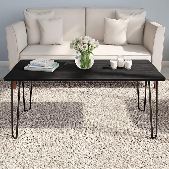 Lavish Home Coffee Table with Hairpin Legs - Modern Industrial Style Home Decor - Woodgrain-Look and Steel Accent Living Room Furniture (Black) - LeafyLoom