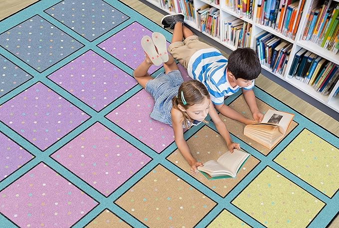 Flagship Carpets Happy Squares Educational Area Rug for Kids Room Seating Décor, Children's Classroom, Play Carpet for Teaching and Playroom, Seats 20, 6' x 8'4", Blue & Multi Color - LeafyLoom